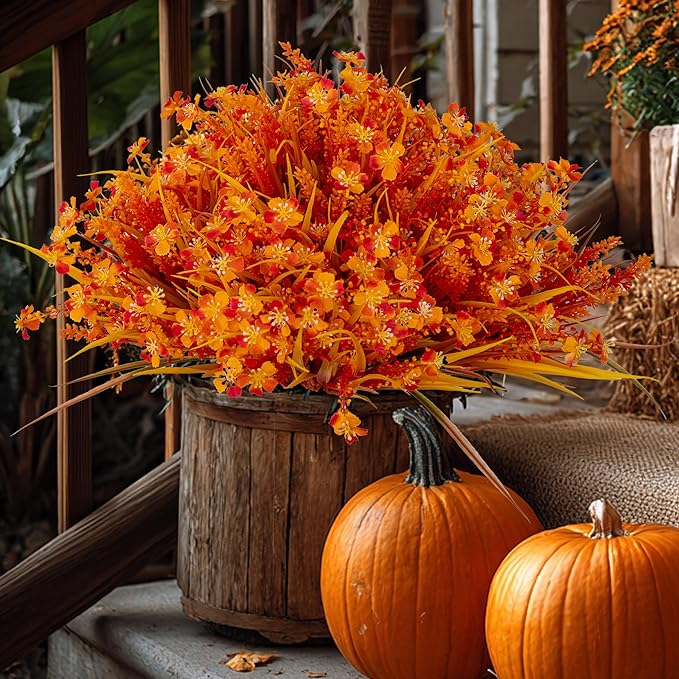 Artificial Fall Flowers Outdoor Fake Mums - 16 Bundles Fake Plants UV Resistant No Fade Faux Plastic Greenery Garden Porch Patio Fall Home Decor (1, OrangeYellow)