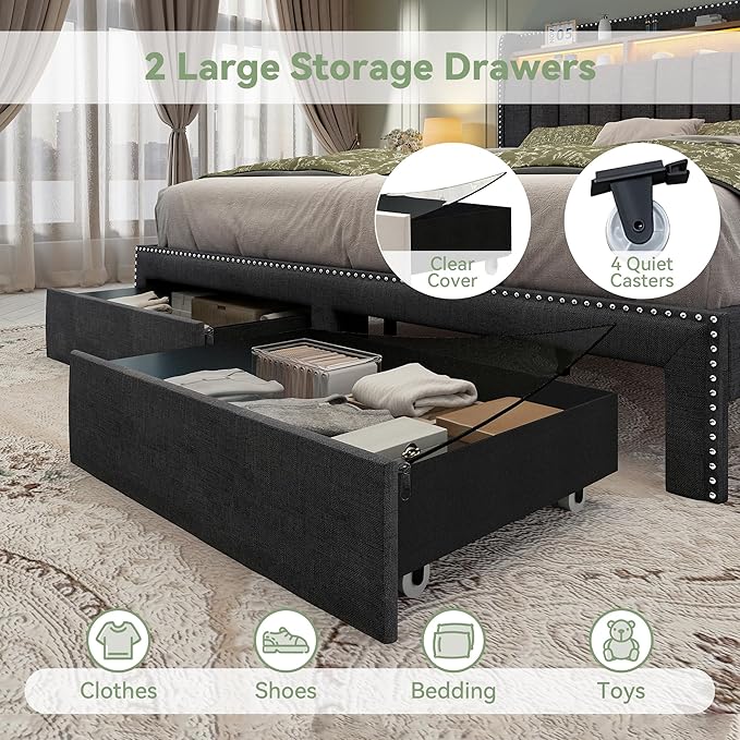 Torana Queen LED Bed Frame with 2 Drawers, Linen Upholstered Storage Wingback Headboard Beds, Channel Tufted Platform Bedframe with Rivet Decor, No Box Spring Needed, Dark Grey