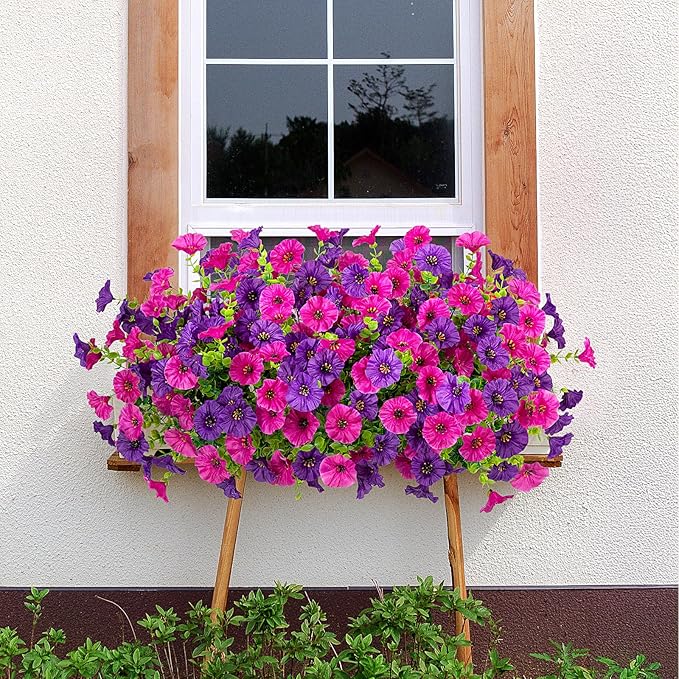 Artificial Flowers for Outdoors Decoration, 10 Bundles Fake Plastic Flower Plant, Faux Colorful Silk Morning Glory Petunias for Outside Garden Porch Front Door Decor, Purple