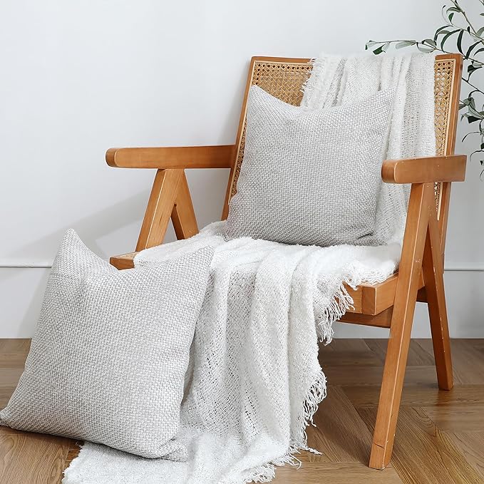 Stellhome Pack of 2 Woven Textured Decorative Throw Pillow Covers Soft Chenille Accent Luxury Cushion Cases for Living Room Couch Bed Sofa Farmhouse Boho Home, 16x16 inch, Light Grey