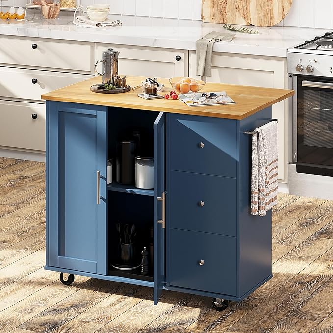 Shintenchi Rolling Kitchen Island Cart with Folding Drop Leaf Breakfast Bar, Portable Trolley Island with Large Storage Cabinet, Shelf and Drawer, Blue