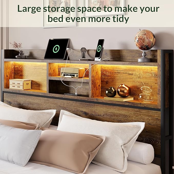 LARMACE Queen Size Bed Frame with 6 Storage Drawers and Headboard Wooden Platform Bed Frame with LED Lights and Charging Station Easy Assembly/No Box Spring Needed/Vintage Brown