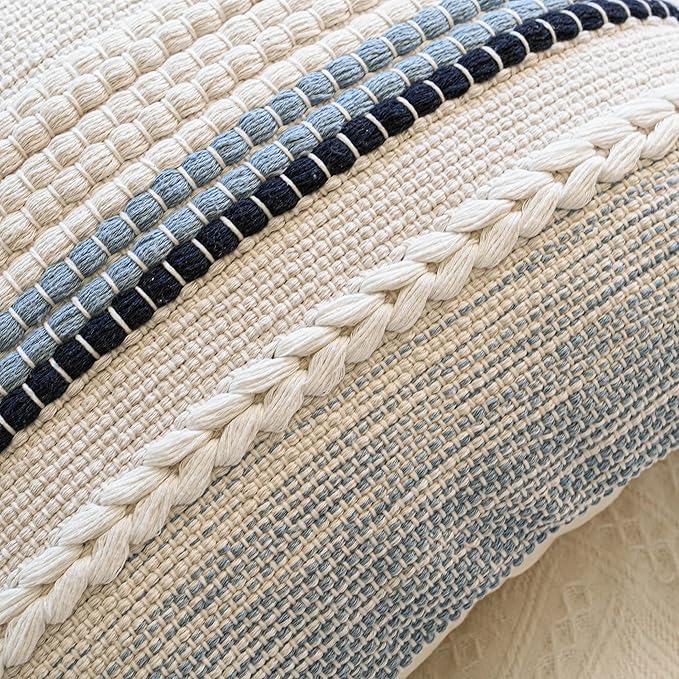 BlissBlush Coastal Blue Boho Decorative Throw Pillow Cover 18x18 Modern Bohemian Accent Pillow Case Square Woven Textured Farmhouse Pillows for Couch Bed (Pack of 1)