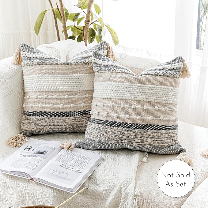 BlissBlush Gray Boho Throw Pillow Cover 22x22, Grey Decorative Accent Pillow for Couch, Square Woven Textured Pillowcase, Modern Farmhouse Pillow for Bed, Bohemian Pillow Cover (Pack of 1)