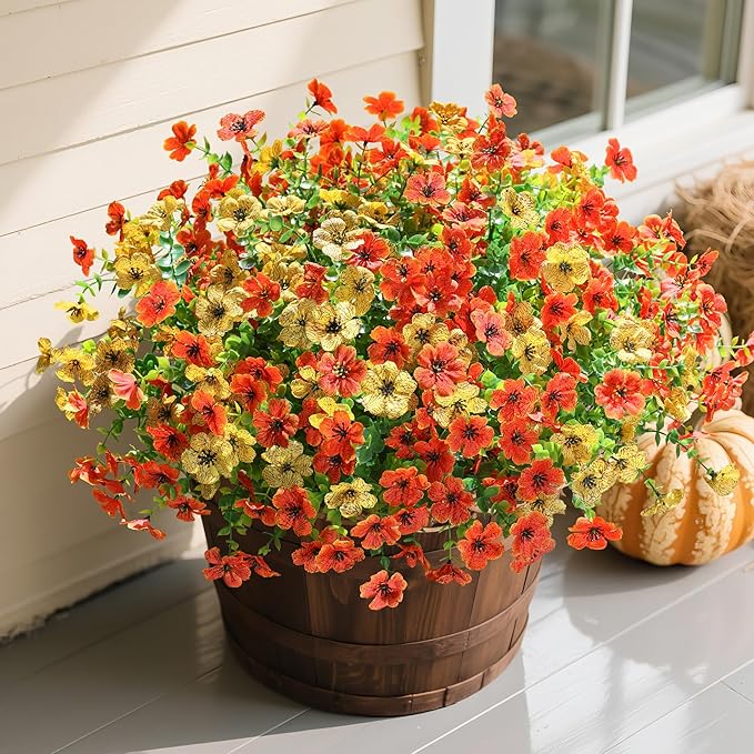 Artificial Fall Flowers Fake Mums for Outdoor Autumn Decoration, 12 Bundles Faux Silk Orange Yellow Mums Daisy Look Real UV Resistant for Outside Home Porch Patio Planter