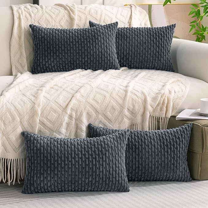 Set of 4 Medium Grey Decorative Throw Pillow Covers 12x20 Inch Corduroy Pillow Covers for Bed Couch Sofa Living Room Soft Cushion Cases