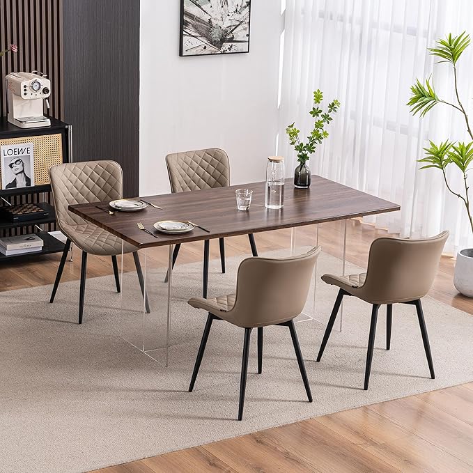 YOUTASTE Khaki Dining Chairs Set of 2 Mid Century Modern PU Leather Diamond Upholstered Accent Guest Dinner Chair with Back Metal Legs for Kitchen Living Reception Waiting Room