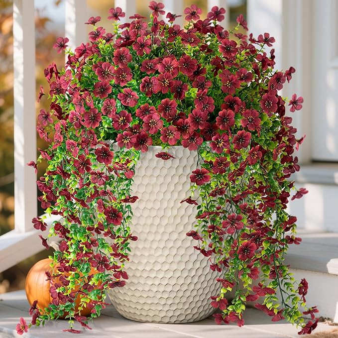 Artificial Mums for Outdoors Fake Hanging Flowers for Fall Decoration, 2 PCS Silk Daisy Flower Realistic Faux Plants UV Resistant for Porch Patio Window Yard Outside Autumn Decor(Brown)