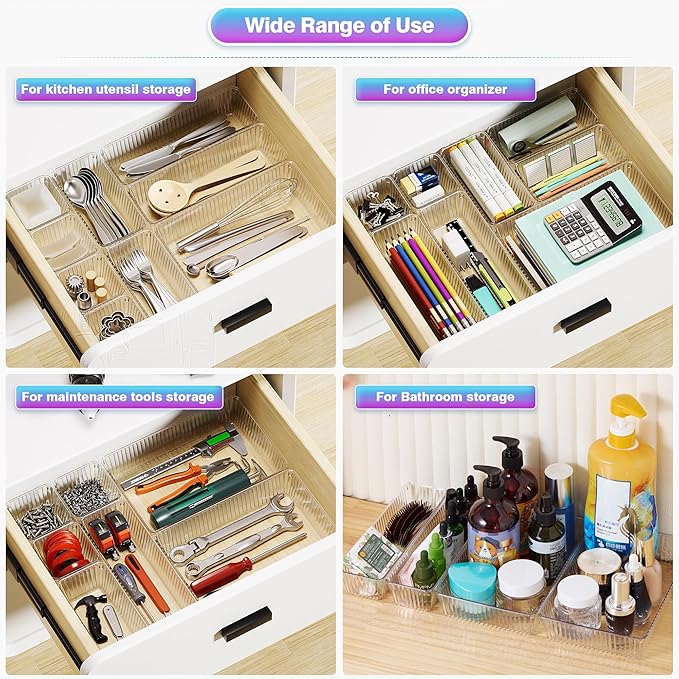 47 PCS Clear Plastic Drawer Organizer Set - 4 Sizes Makeup Organizer Desk Drawer Divider Bathroom Organizers and Storage Bins for Makeup, Jewelry, Gadgets, Office, Kitchen, Bedroom, Bathroom