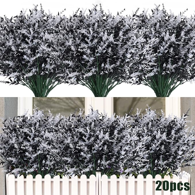 RECUTMS Black Flower,Black Decor,20 Bundles Artificial Flowers Fake Outdoor Plants Faux UV Resistant Lavender Flower Plastic Shrubs Indoor Outside Hanging Decorations (Black+White, 20 Bundles)