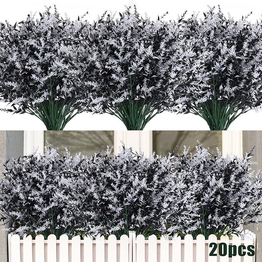 RECUTMS Black Flower,Black Decor,20 Bundles Artificial Flowers Fake Outdoor Plants Faux UV Resistant Lavender Flower Plastic Shrubs Indoor Outside Hanging Decorations (Black+White, 20 Bundles)