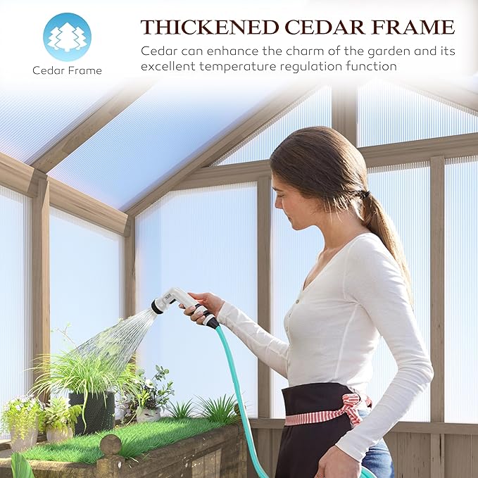 8x16 FT Greenhouse for Outdoor, 6MM Thick Polycarbonate Panel Wooden Walk-in Green House with Adjustable Roof Vents and Lockable Door, Backyard Garden, Light Mocha Brown