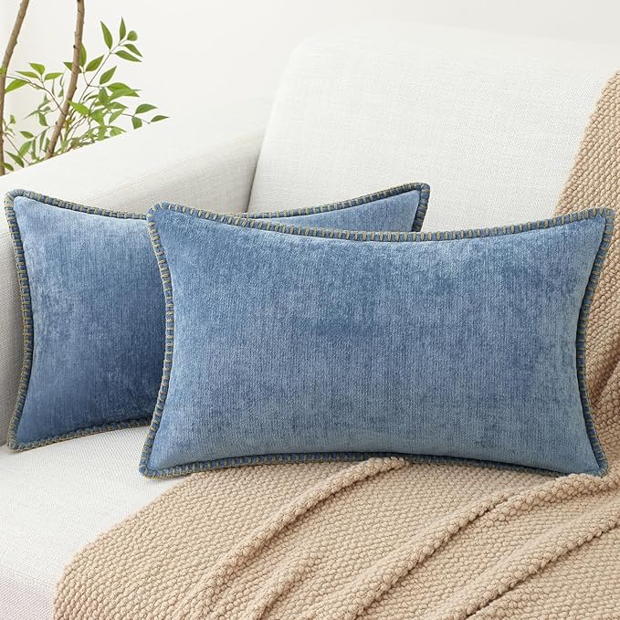 decorUhome Chenille Soft Throw Pillow Covers 12x20 Set of 2, Lumbar Velvet Farmhouse Neutral Decorative Euro Pillow Covers with Stitched Edge for Couch Sofa Bed Home Decor, Blue
