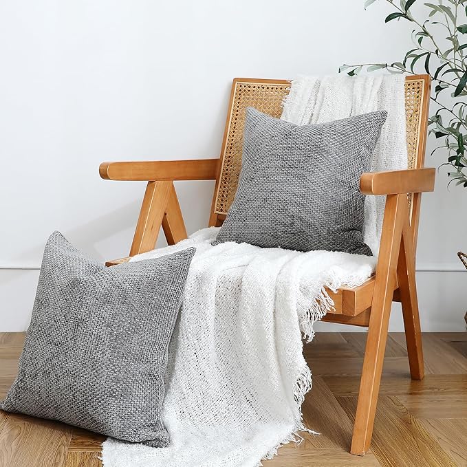 Stellhome Pack of 2 Woven Textured Decorative Throw Pillow Covers Soft Chenille Accent Luxury Cushion Cases for Living Room Couch Bed Sofa Farmhouse Boho Home, 16x16 inch, Grey