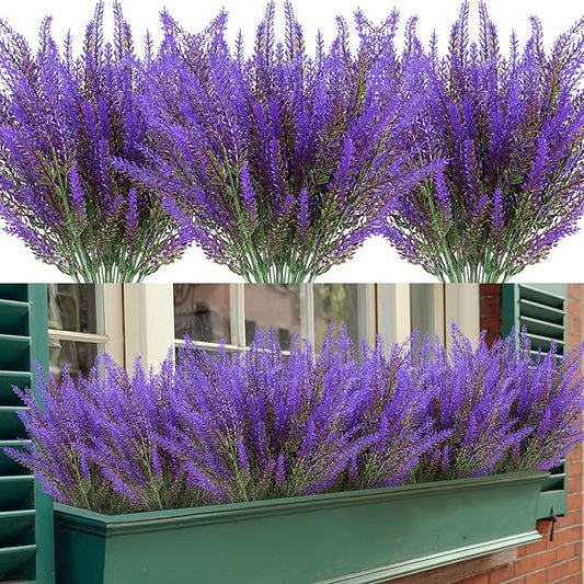 Artificial Lavender Flowers 12 Bundles Outdoor UV Resistant Fake Flowers No Fade Faux Plastic Plants Garden Porch Window Box Decorating (Purple)