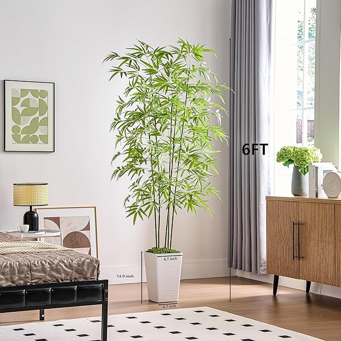 Artificial Bamboo Tree 6FT Tall Fake Plants Faux Bamboo Plant with White Tall Planter, Artificial Fake Trees Silk Plant with 5 Trunks and Lifelike Leaves for Home Office Indoor Outdoor Decor