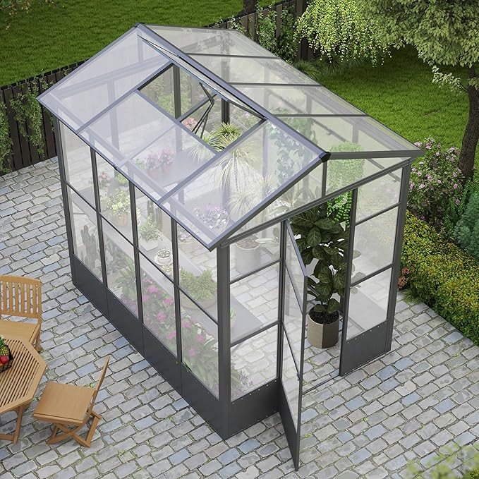 Domi 6.5x8FT Greenhouse, Polycarbonate Green House with Fully Auto Temperature Control Vent, Outdoor Full Aluminum Heavy Duty Greenhouse with Extra 7.8FT Walk-in Height for Garden Backyard, Dark Grey