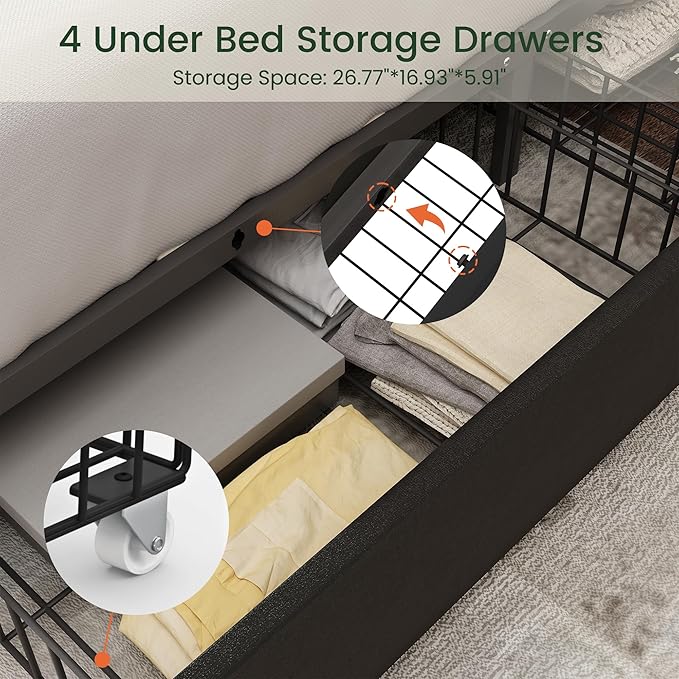 LARMACE King Size Bed Frame with 4 Storage Drawers and Tufted Headboard Linen Upholstered Platform Bed Frame with Heavy Duty Wood Slats, No Box Spring Needed, Easy Assembly,Black