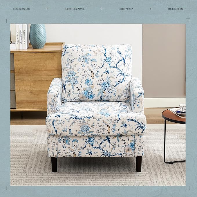 Mid-Century Accent Chair,Modern Linen Fabric Armchair for Living Room,Comfy Upholstered Reading Accent Chairs for Bedroom,Single Sofa Chair with Wood Legs (Blue Flowered Bird, 2 Pack)