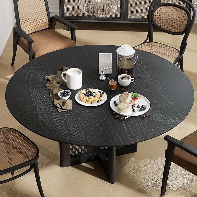 Casaphoria 60" Round Dining Table, Modern Kitchen Table for 8, Scratch-Resistant Top & Rattan Base, Farmhouse Dinner Table for Living Room, Kitchen, Bar, Easy Assembly, Black