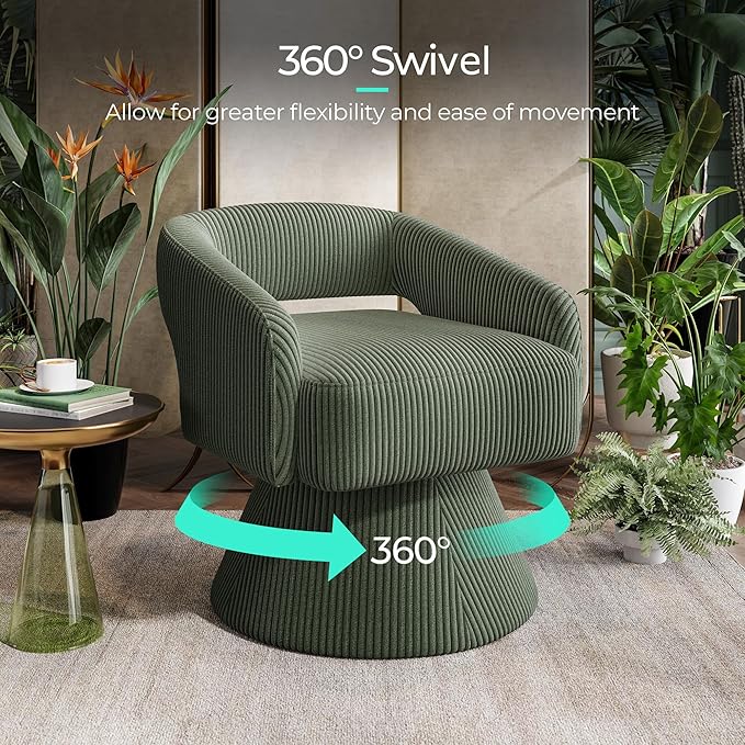 LINSY Swivel Barrel Chair, 360° Modern Swivel Accent Chair with Arms, Boucle Swivel Chair Green Corduroy Chairs for Bedroom Living Room Small Spaces