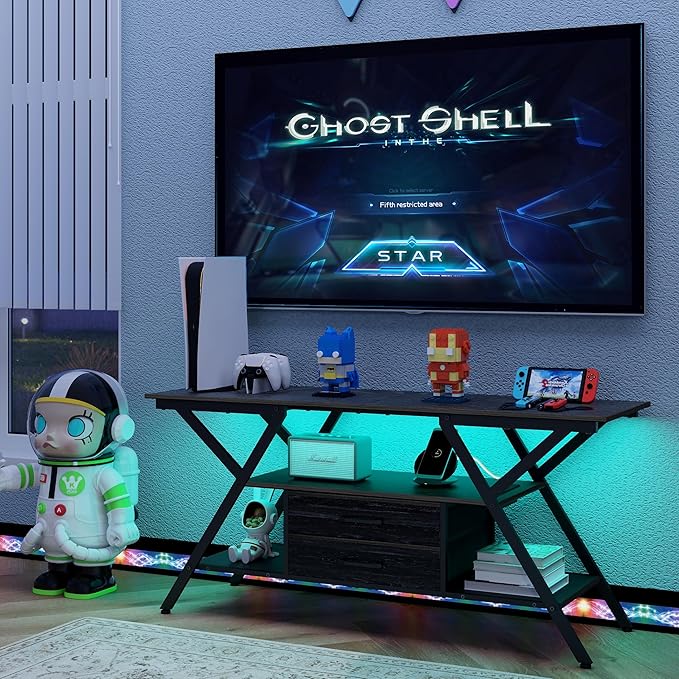 TV Stand with Power Outlet and LED Lights, Fits TVs up to 65”, 2 Fabric Drawers Entertainment Center with Open Storage Shelves, Media Console for Living Room, Bedroom (Charcoal Black)