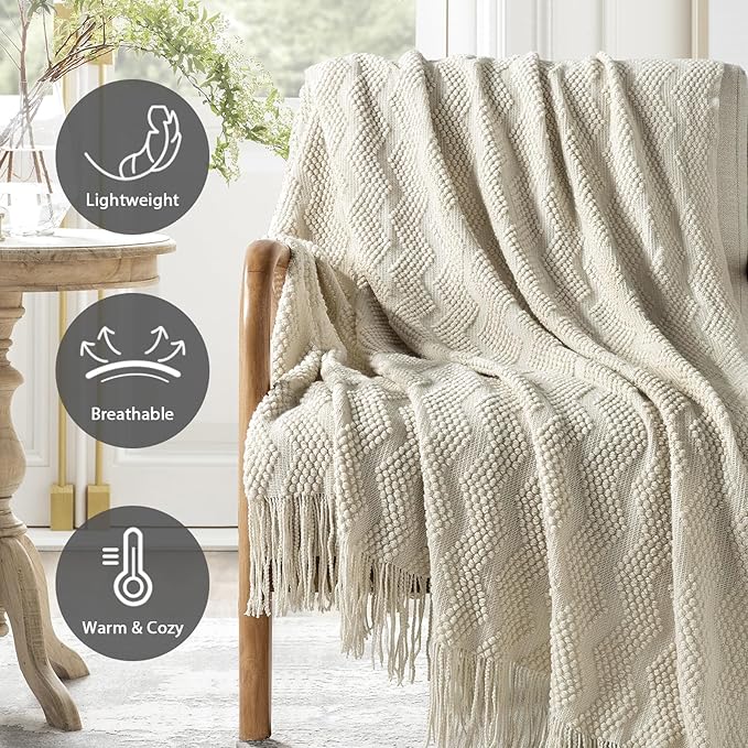 BOURINA Beige Throw Blanket 50x60 Inches Throw Textured Solid Soft Ripple Throws and Blankets for Sofa or Bed Knitted Decorative Bla