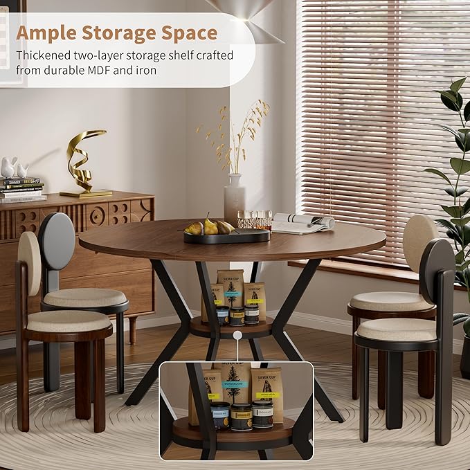 42" Round Dining Table for 4, Farmhouse Kitchen Table with Storage, Space Saving Circle Dinner Table, Rustic Wood Kitchen & Dining Room Tables with Metal Legs for Kitchen, Living Room, Dining Room