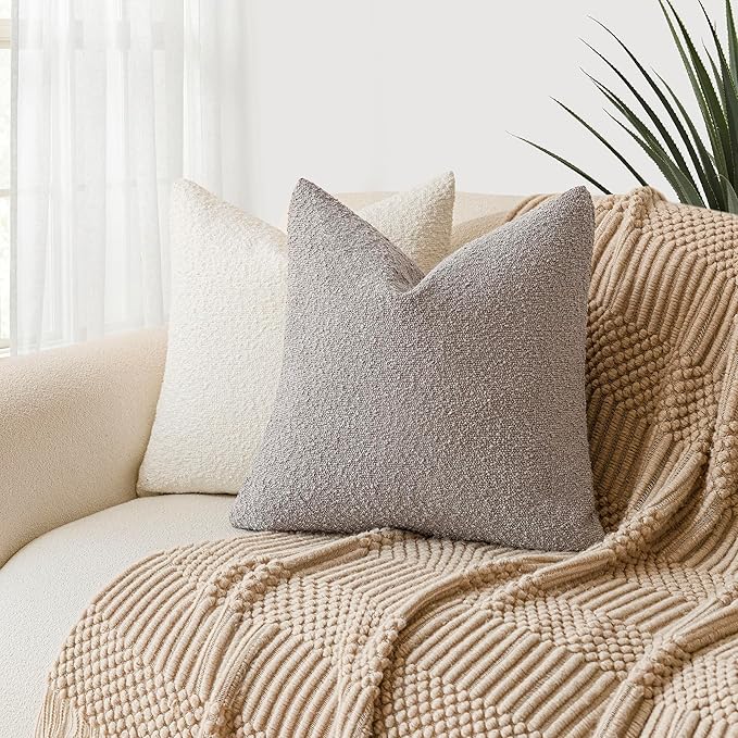 Foindtower Set of 2, Decorative Textured Boucle Throw Pillow Covers Accent Solid Pillow Cases Soft Cozy Couch Cushion Case for Chair Sofa Bedroom Living Room Home Decor 16 x 16 Inch Neutral Grey