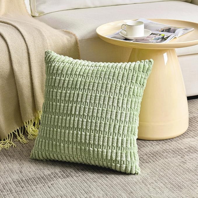 Fancy Homi Set of 4 Summer Boho Decorative Throw Pillow Covers 18x18 Inch for Couch Bed Sofa, Sage Green Yellow Room Decor, Soft Fuzzy Fluffy Cozy Corduroy Textured Cushion Case 45x45cm