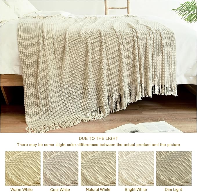 Blagic Knitted Throw Blanket for Couch,Soft Farmhouse Boho Fall Throw Blanket with Tassels,Home Decorative Lightweight Throw Blankets,Beige Throws for Bed/Chair/Sofa, 60" W x 80" L