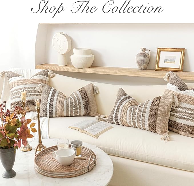 BlissBlush Brown Decorative Throw Pillow Cover 20x20 Square Boho Accent Pillowcase Tassels Farmhouse Cushion for Couch Sofa Bedroom Livingroom Home Décor Cover ONLY (Pack of 1)