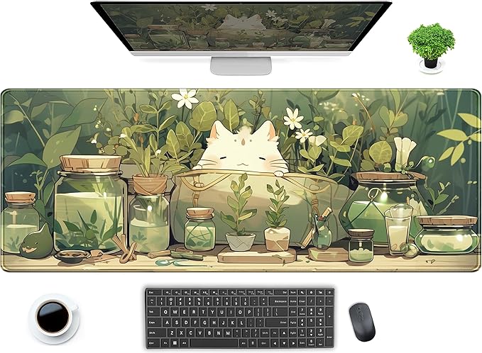 Cute Kawaii White Cat Anime Green Plant Leaves Desk Mat Large Mouse Pad Gaming Desk Pad, XL Extended Mousepad Desk Accessories for Women Office Decor Long Laptop Keyboard Mouse Mat 31.5x11.8 in