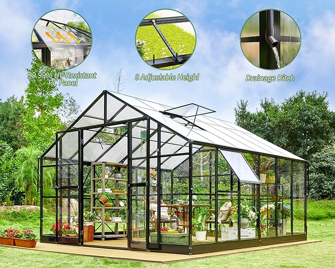 Jocisland 12x13.5x9 FT Polycarbonate Greenhouse, Outdoor Aluminum Greenhouse with 4 Ventilation,Quick Connect Fittings, 6.7 FT Height Double Doors, Fit for Backyard, Black