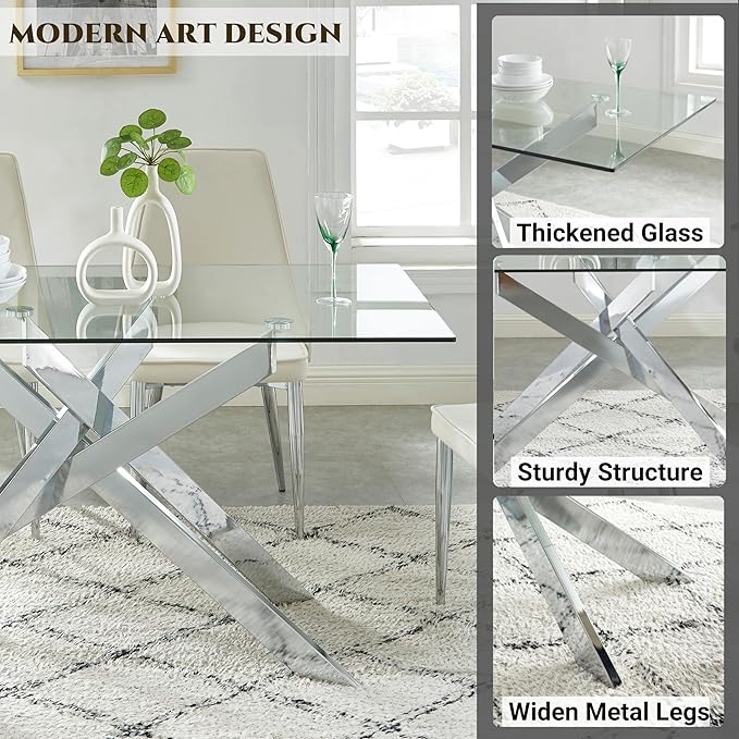 Edwin's Choice 58.5” Rectangle Glass Dining Table, Tempered Glass Tabletop and Metal Tubular Legs, Modern Style Table for Home, Kitchen, Dining Room 58.5”Lx29”Wx30”H, Silver