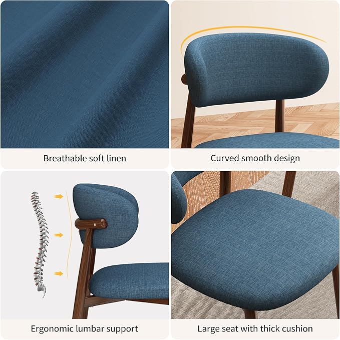 Kitchen Dining Chairs Set of 6 Modern Soft Linen Farmhouse Dining Room Chair with Metal Legs, Blue/Walnut