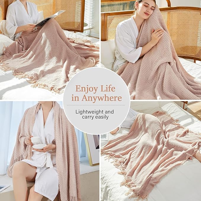 Blagic Knitted Throw Blanket for Couch,Soft Farmhouse Throw Blanket with Tassels,Home Decorative Lightweight Throw Blankets,Throws for Bed/Chair/Sofa,Wheat Textured (Light Pink & White,50" W x 60" L)