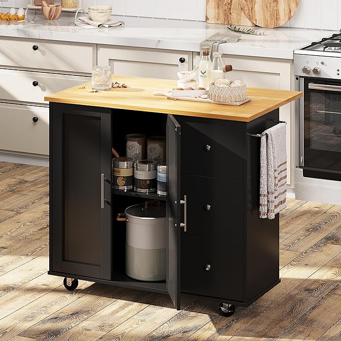 Shintenchi Rolling Kitchen Island Cart with Folding Drop Leaf Breakfast Bar, Portable Trolley Island with Large Storage Cabinet, Shelf and Drawer, Black