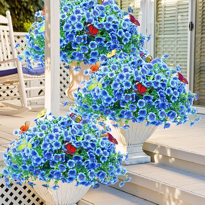 ‌20 Bundles Artificial Flowers for Outdoors‌ with 6 Faux Butterflies, UV Resistant ‌Fake Flowers‌ with Eucalyptus Leaves, ‌Artificial Plants Outdoor‌ for Patio Garden Porch Home Decor (Blue)