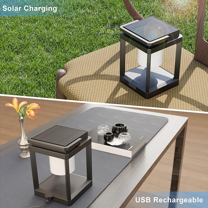 Outdoor Solar Table Lamp, 3-Level Brightness Warm LED Lantern, USB & Solar Powered Solar Lantern Waterproof, Touch Control Outdoor Lamps, Portable Cordless Lights for Patio, Balcony, Bedroom