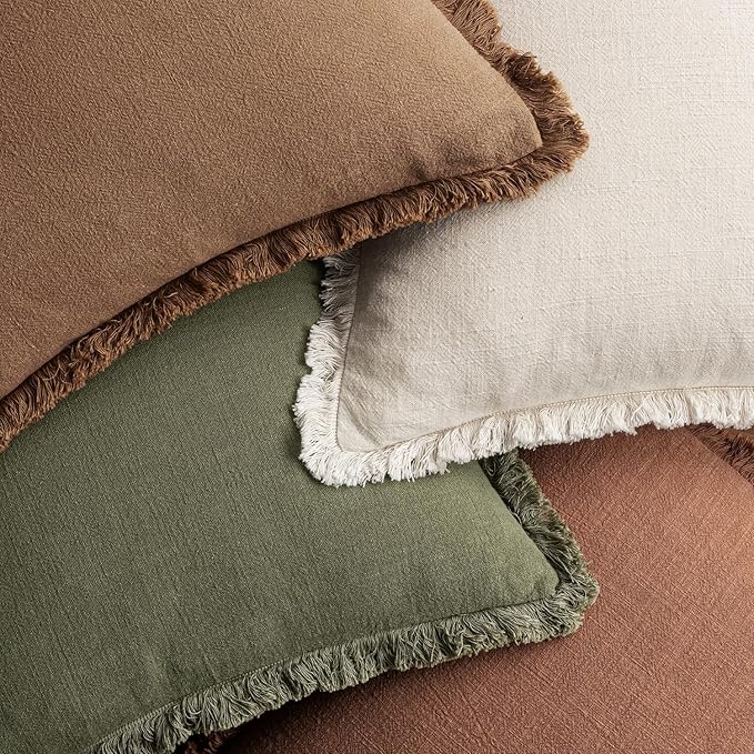 MIULEE Fall Decorative Couch Pillow Covers Neutral Linen Fringe Throw Pillows Set of 4 Soft Rustic Cushions Boho Farmhouse Pillowcases for Bed Sofa Living Room Home Decor 18x18 Inch Beige/Brown/Green