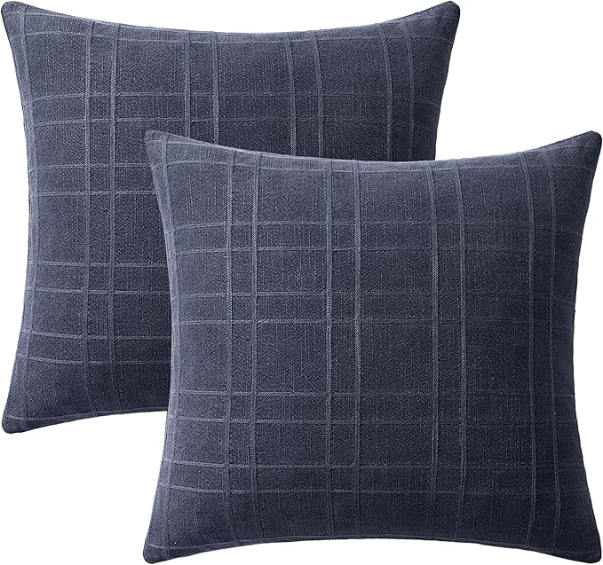 MIULEE Decorative Linen Check Euro Shams Throw Pillow Covers Neutral Farmhouse Vintage Pillow Covers 26x26 Set of 2 Boho Modern Home Decor for Sofa Couch Bedroom Cushion Navy Blue