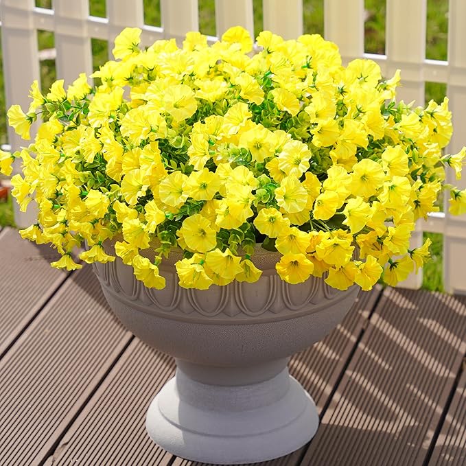 Fake Mums Fall Artificial Flowers Plants for Outdoors Autumn Decoration, 12 Bundles Yellow Silk Morning Glory with Eucalyptus Realistic UV Resistant Faux Flowers for Outside Planter Yard Garden Porch