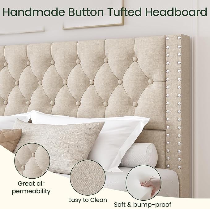 LARMACE King Size Bed Frame with 4 Storage Drawers and Tufted Headboard Linen Upholstered Platform Bed Frame with Heavy Duty Wood Slats, No Box Spring Needed, Easy Assembly, Beige