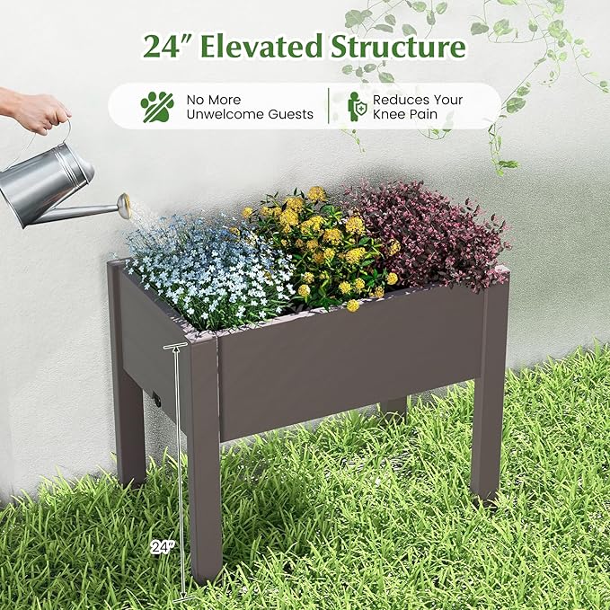 Giantex Raised Garden Bed with Legs, Self-Watering Planter Box with Water Level Indicator, Drainage Hole & Detachable Space Dividers, Outdoor Plant Container for Flower, Vegetable, Fruit, Herb (Brown)