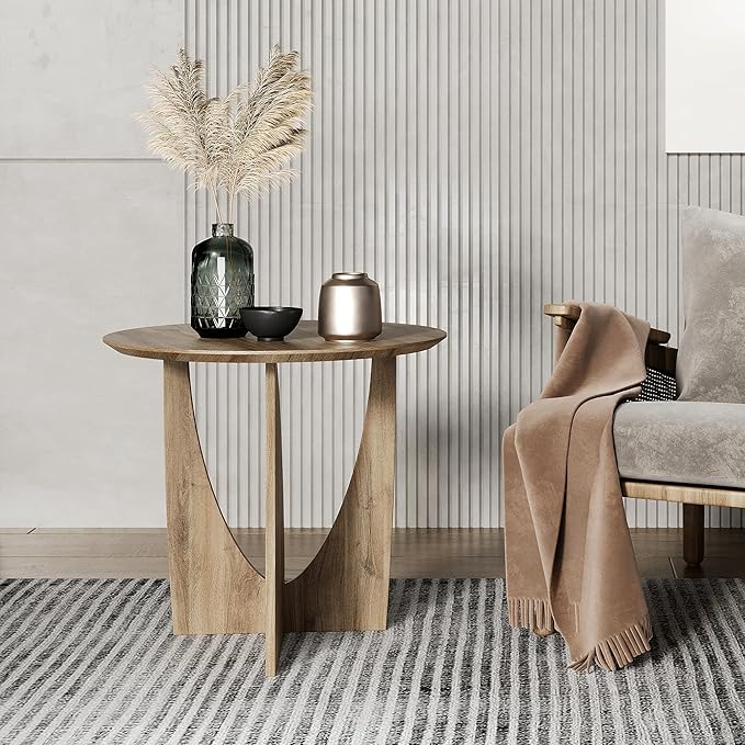 Round Side Table,Modern Aesthetic End Table with Oak Veneer,Wood Accent Table for Living Room, Bedroom (A, Natural)