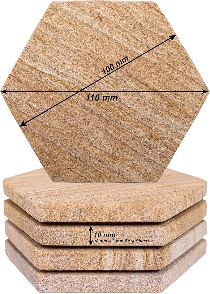 Sandstone Water Absorbent Hand Crafted Hexagon Coasters for Drinks - 4 Inches Wide Thirsty Stone Bar/Drink Coasters- Made from Rainbow Sandstone (Set of 4 Without Holder)