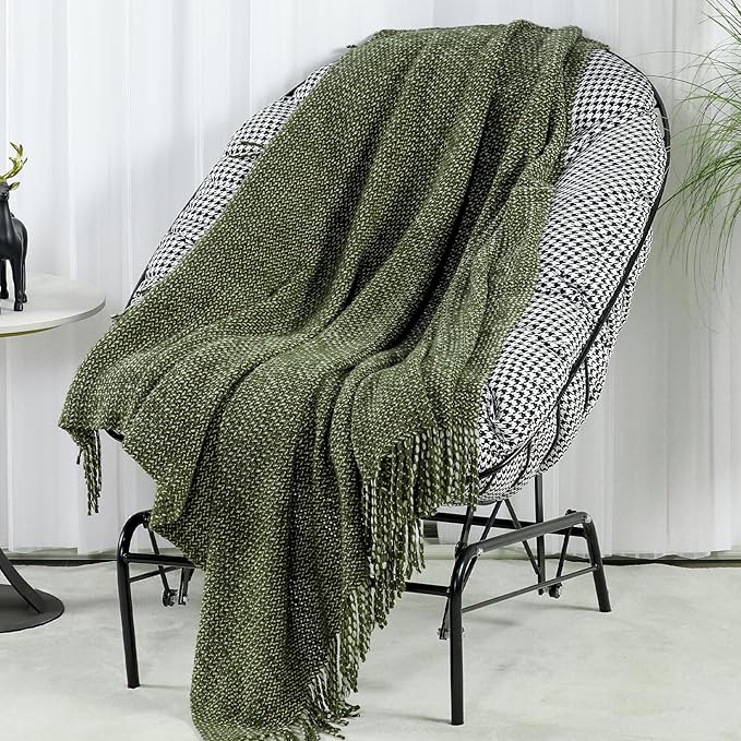 Blagic Knitted Throw Blanket for Couch, Soft Farmhouse Throw Blanket with Tassels,Home Decorative Lightweight Blankets,Spring Throws for Bed/Chair/Sofa,Wheat Textured (Green & White,50" W x 60" L)