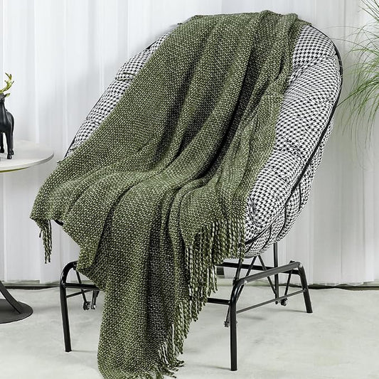 Blagic Knitted Throw Blanket for Couch, Soft Farmhouse Throw Blanket with Tassels,Home Decorative Lightweight Blankets,Spring Throws for Bed/Chair/Sofa,Wheat Textured (Green & White,50" W x 60" L)