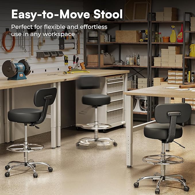 SUPERJARE Drafting Chair with Back, Adjustable Foot Rest Rolling Stool, Multi-Purpose Office Desk Chair, Thick Seat Cushion for Home Bar Kitchen Shop - Black
